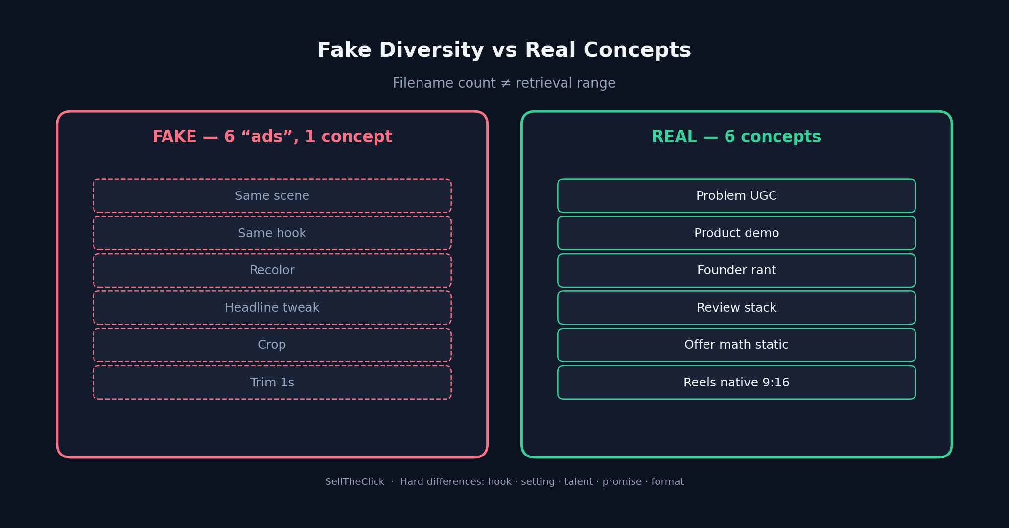 Side by side comparison of six near-duplicate ads versus six truly distinct creative concepts
