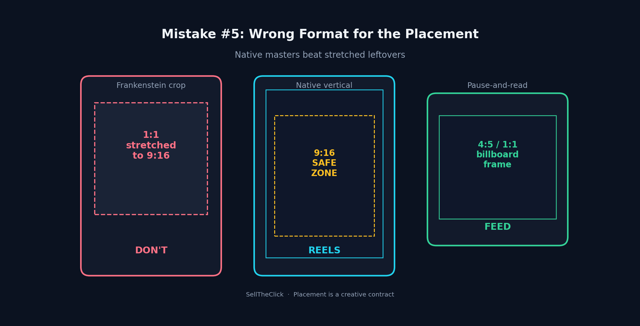 Comparison of stretched 1:1 crop versus native 9:16 Reels safe zone versus Feed 4:5 billboard