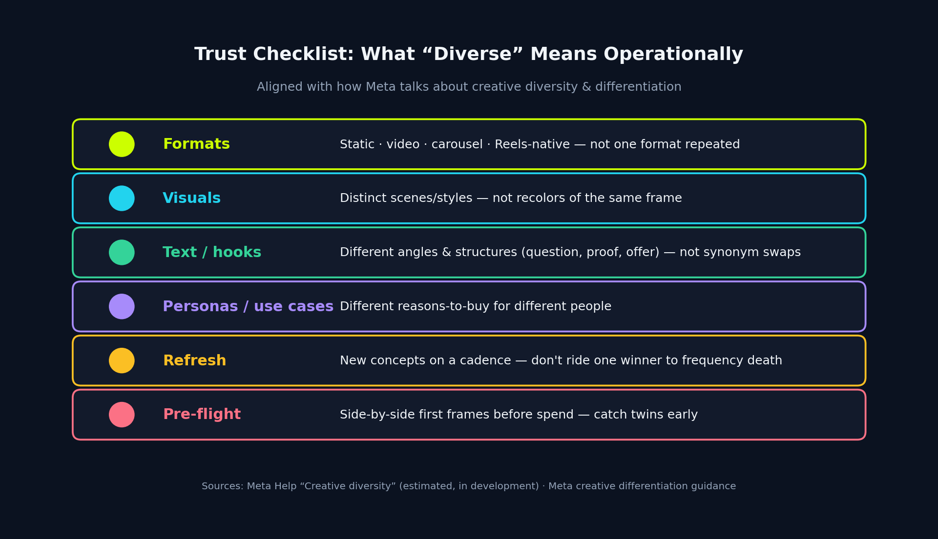 Checklist of creative diversity dimensions: formats visuals hooks personas refresh pre-flight