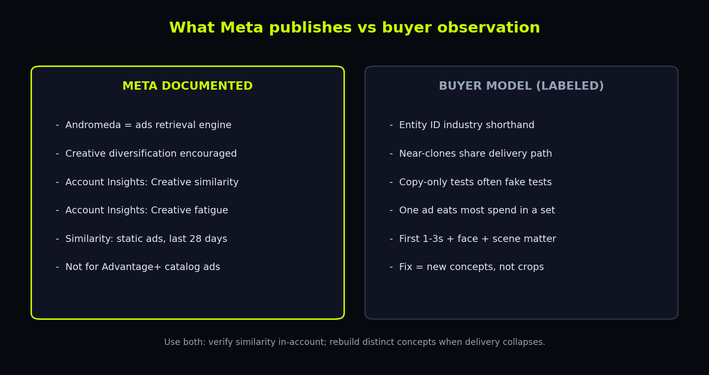Table comparing Meta documented facts versus buyer observations about entity IDs