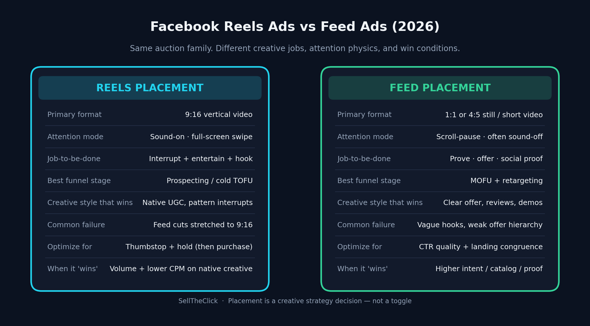 Comparison of Facebook Reels ads vs Feed ads by format, funnel stage, and creative job