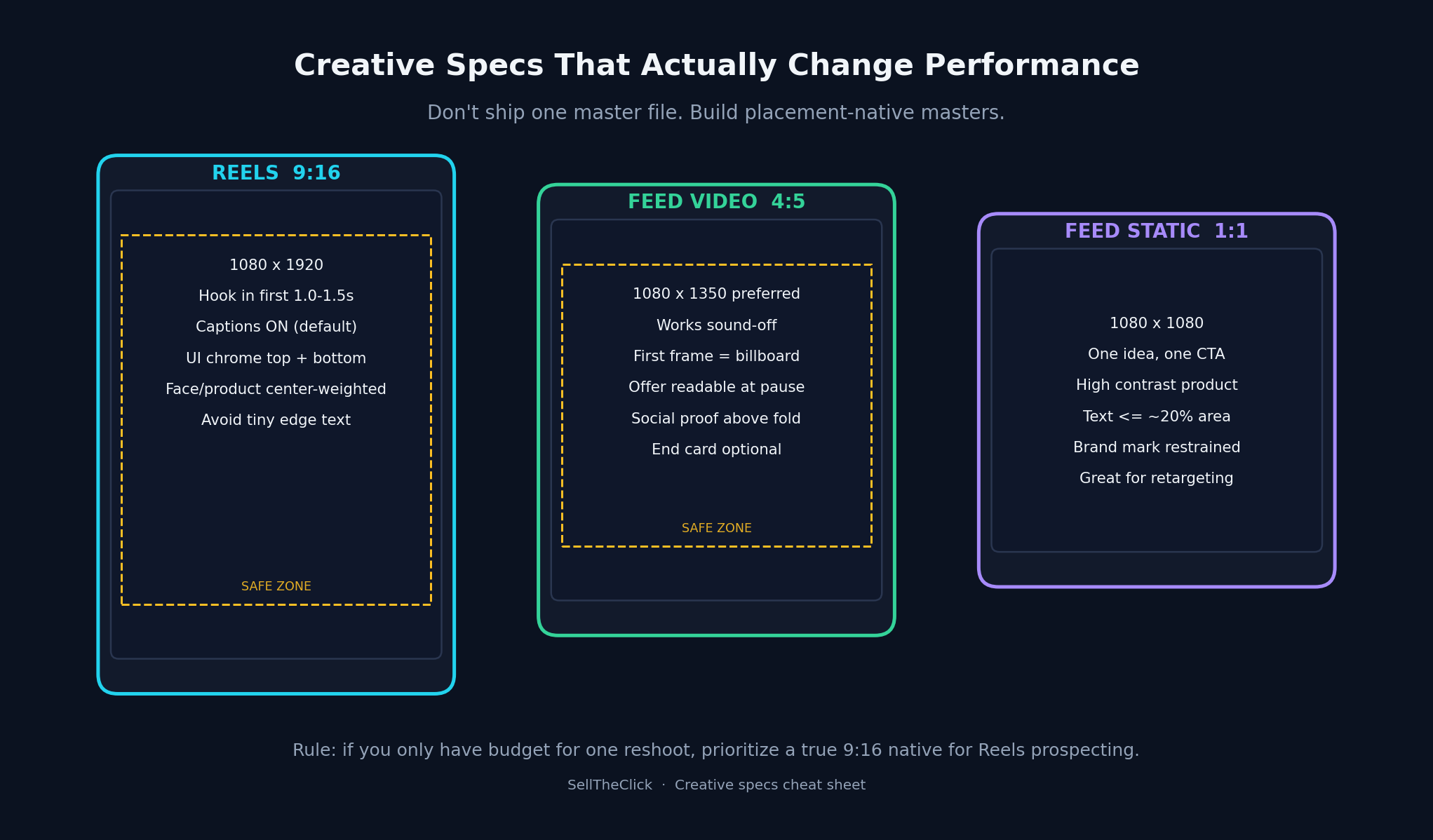 Phone mockups showing 9:16 Reels safe zone versus Feed 4:5 and 1:1 specs