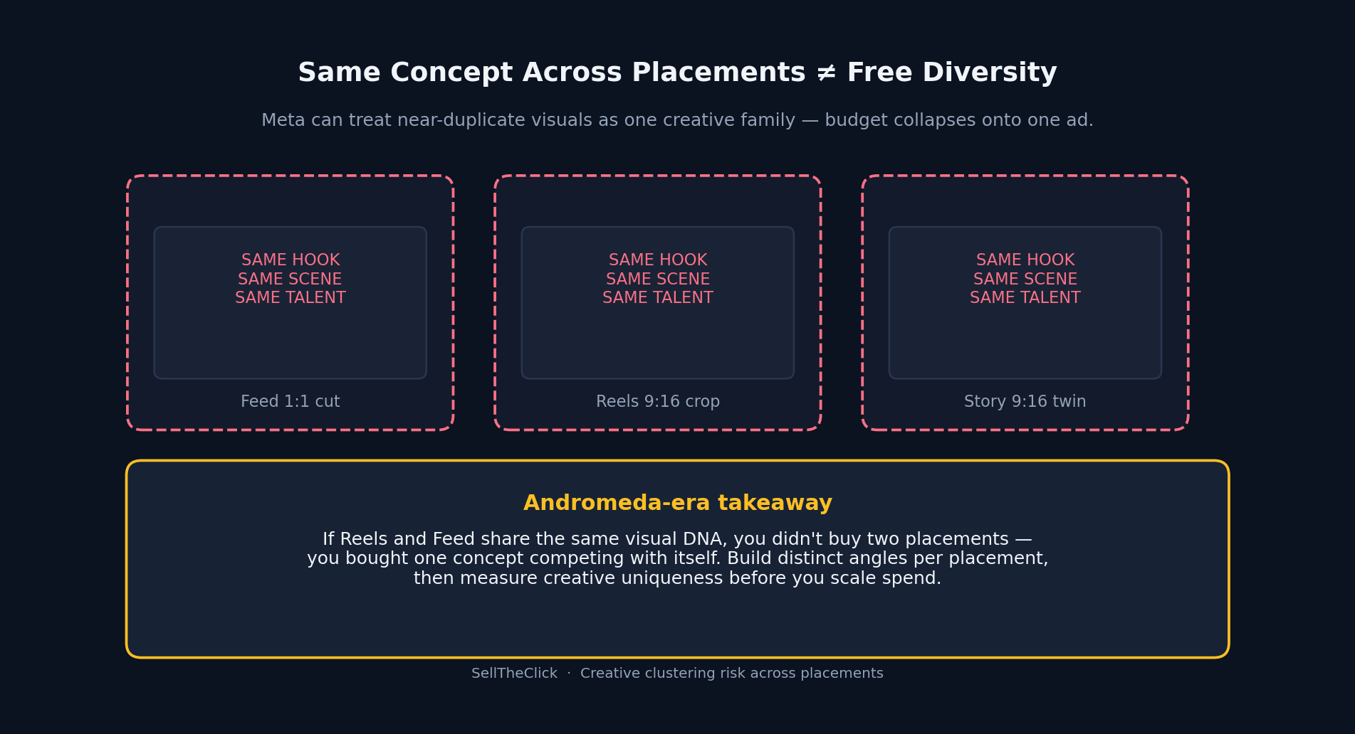Diagram showing the same concept cropped across Feed Reels and Stories treated as one family